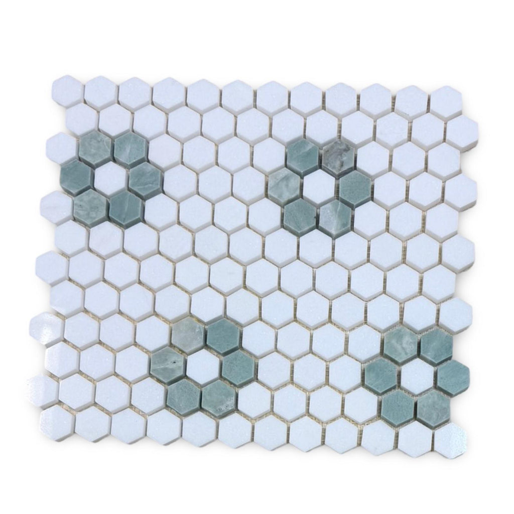 Thassos White and Ming Green 1’’ Hexagon Mosaic Tile Wall Panel