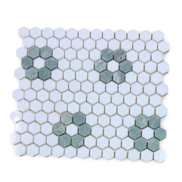 Thassos White and Ming Green 1’’ Hexagon Mosaic Tile Wall Panel