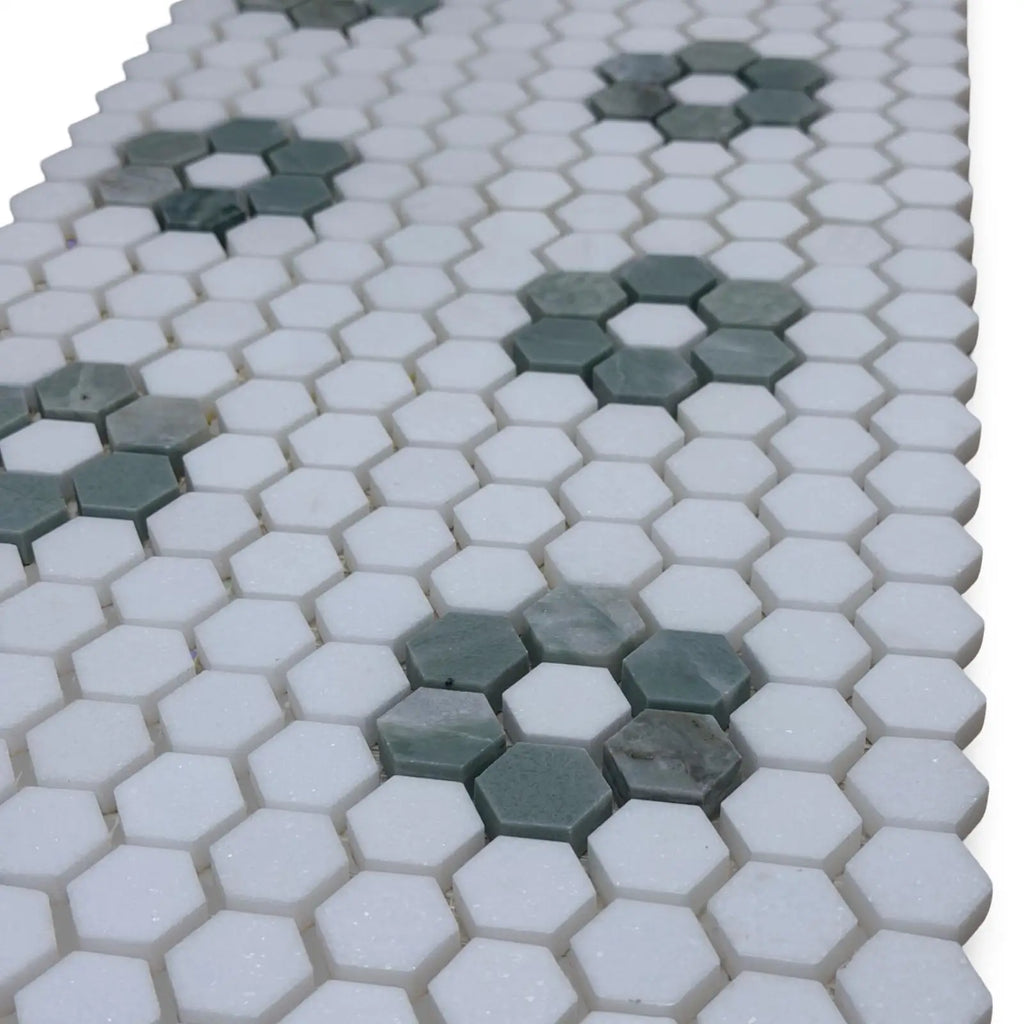 Thassos White and Ming Green 1-inch Hexagon Mosaic Tile Floor