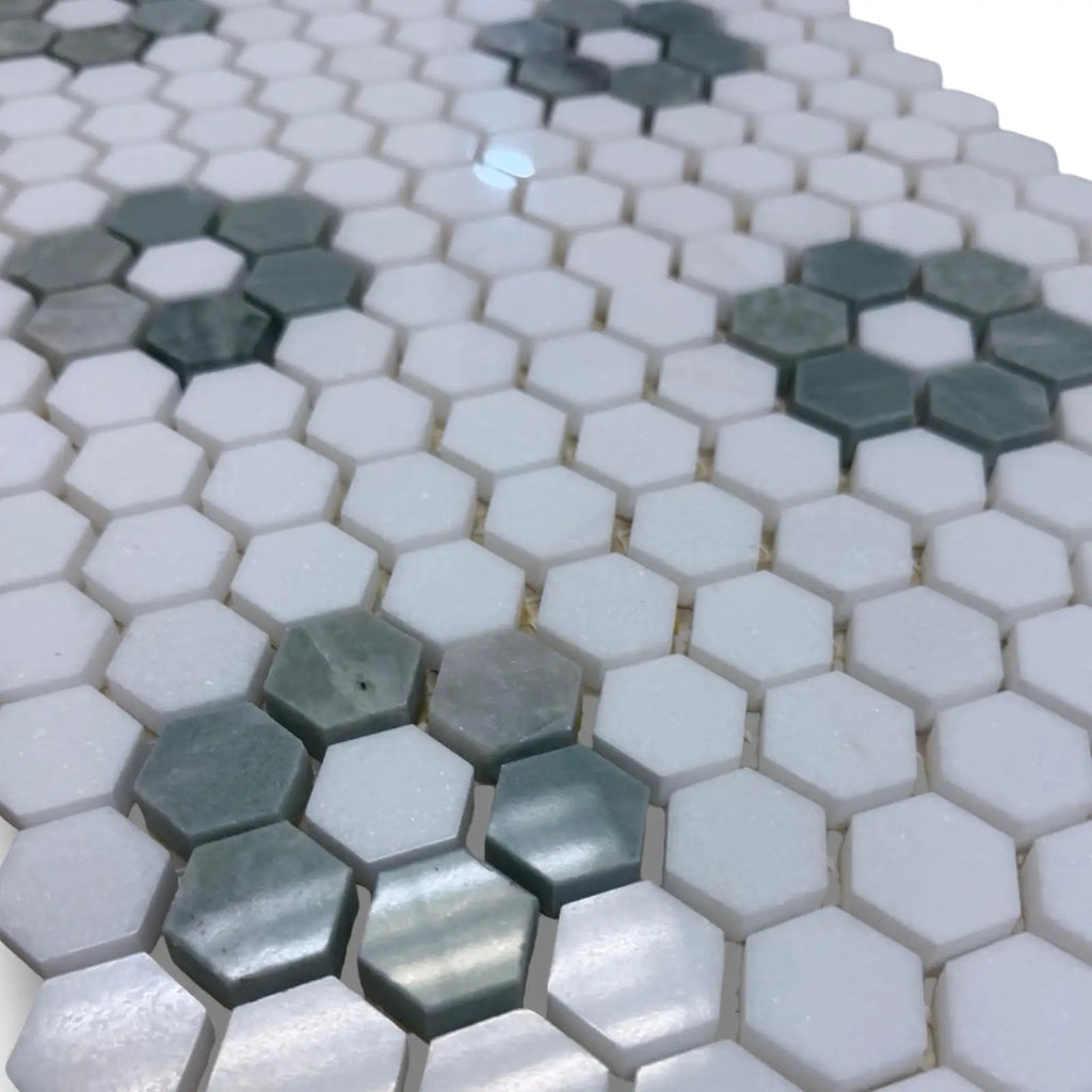Thassos White and Ming Green 1’’ Hexagon Mosaic Tile Floor