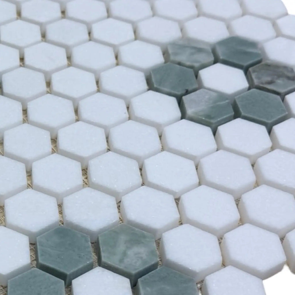 Thassos White and Ming Green 1’’ Hexagon Mosaic Tile Floor