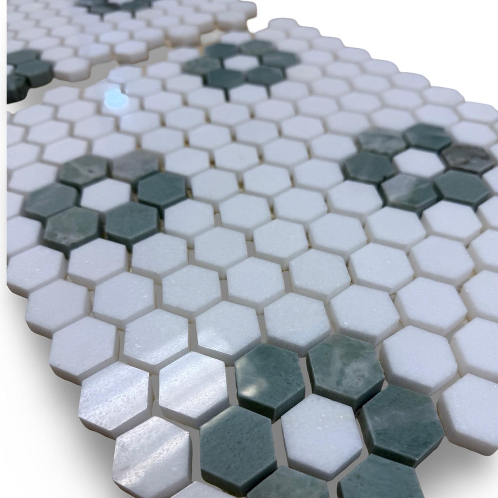Thassos White and Ming Green 1-inch Honeycomb Hexagon Mosaic Floor