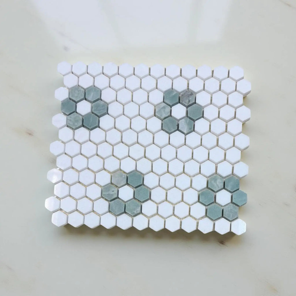 Thassos White and Ming Green honeycomb hexagon mosaic ceramic coaster set