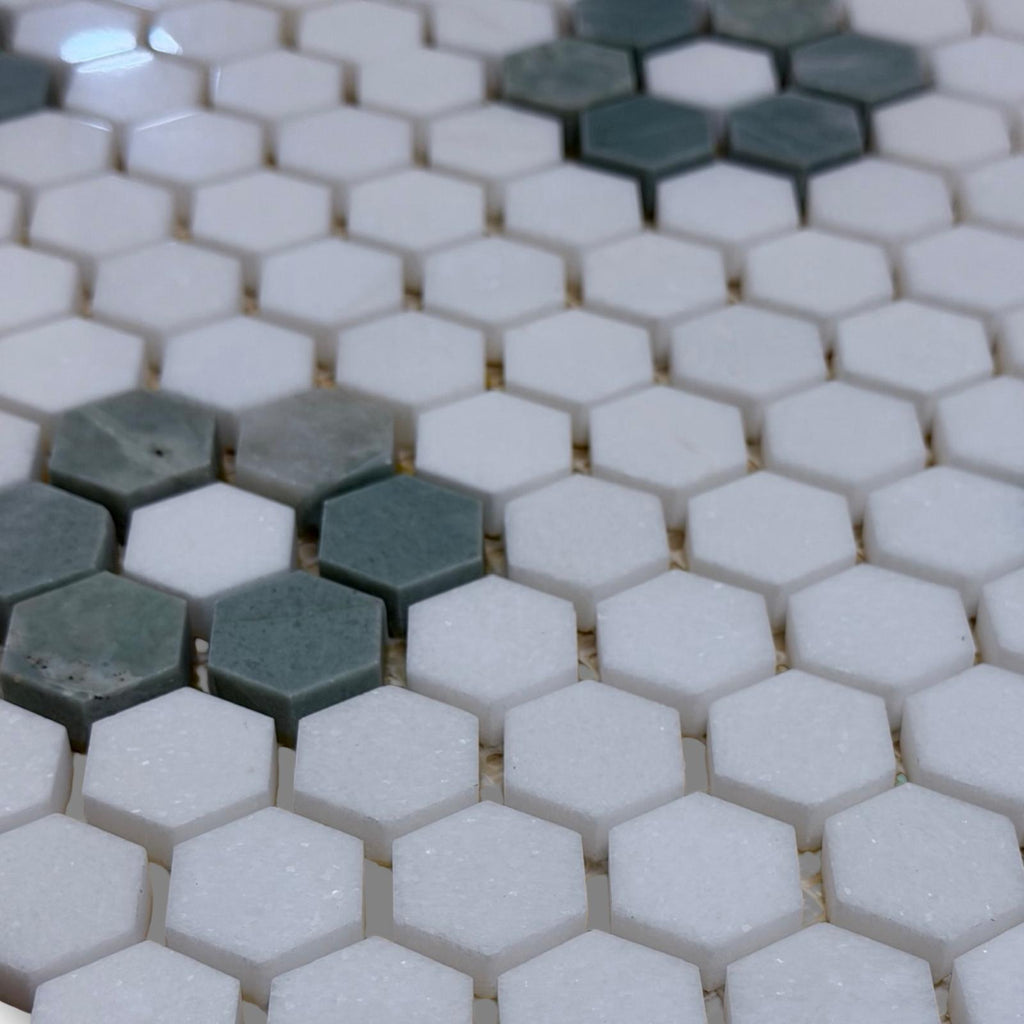 Thassos White and Ming Green 1-inch honeycomb hexagon mosaic tile