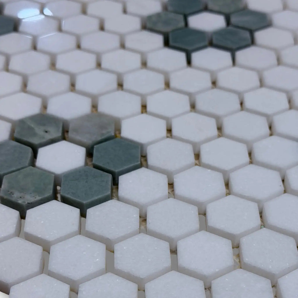 Thassos White and Ming Green 1-inch honeycomb hexagon mosaic tile