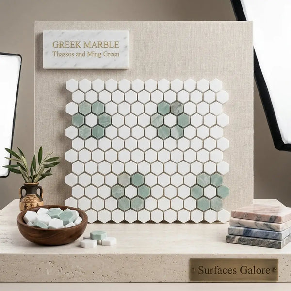 Thassos white and Ming green honeycomb 1 inch hexagon mosaic tile panel with white and light green Greek marble pattern
