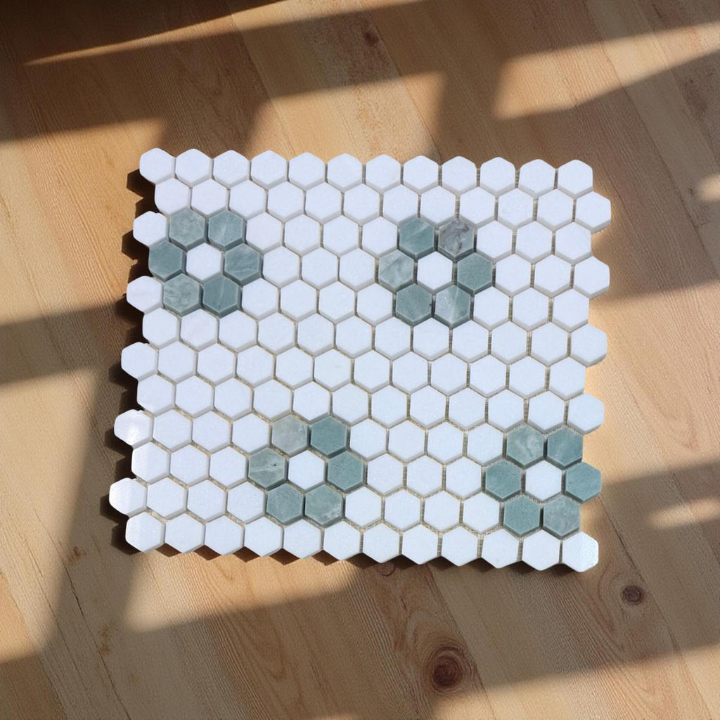 Thassos White and Ming Green Honeycomb 1’’ Hexagon Mosaic Ceramic Coaster Set