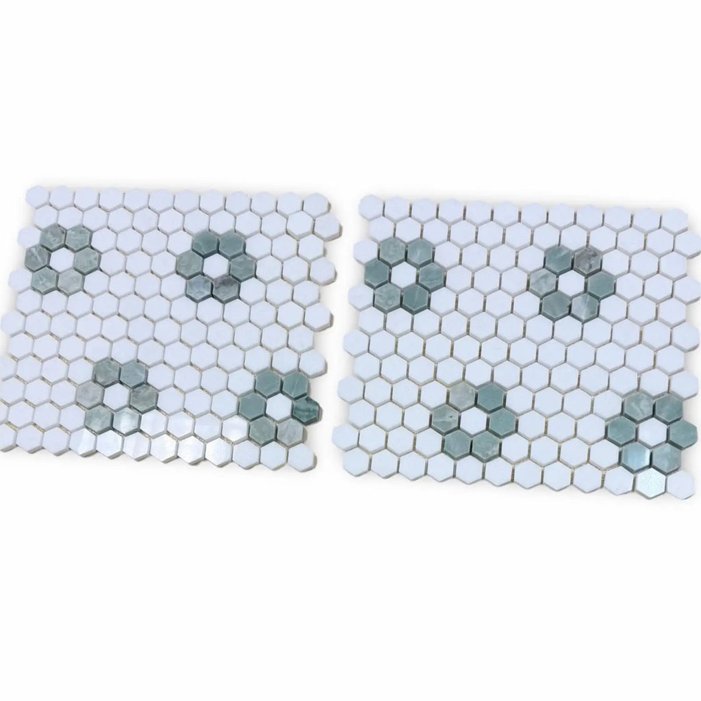 Thassos White and Ming Green 1’’ Hexagon Mosaic Ceramic Coaster Set
