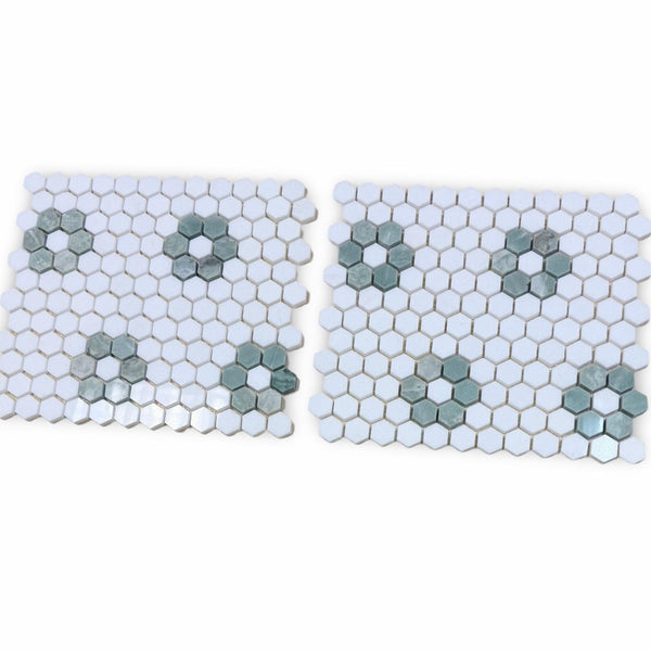 Thassos White and Ming Green 1’’ Hexagon Mosaic Ceramic Coaster Set