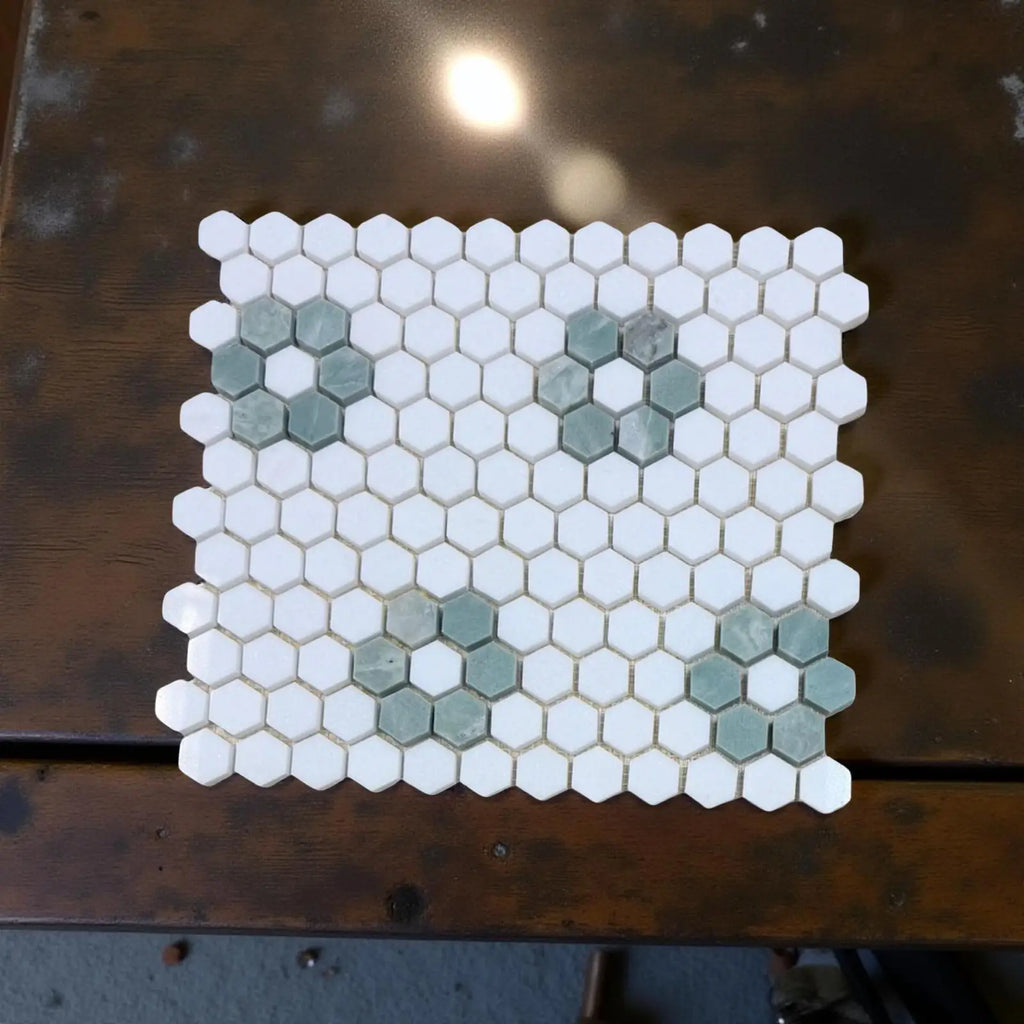 Thassos White and Ming Green 1’’ Hexagon Ceramic Mosaic Tile Sheet