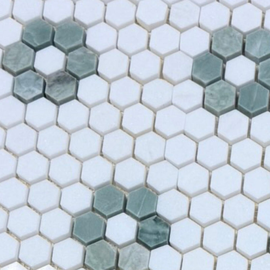 Thassos White and Ming Green 1-inch Hexagon Ceramic Mosaic Tile Floor