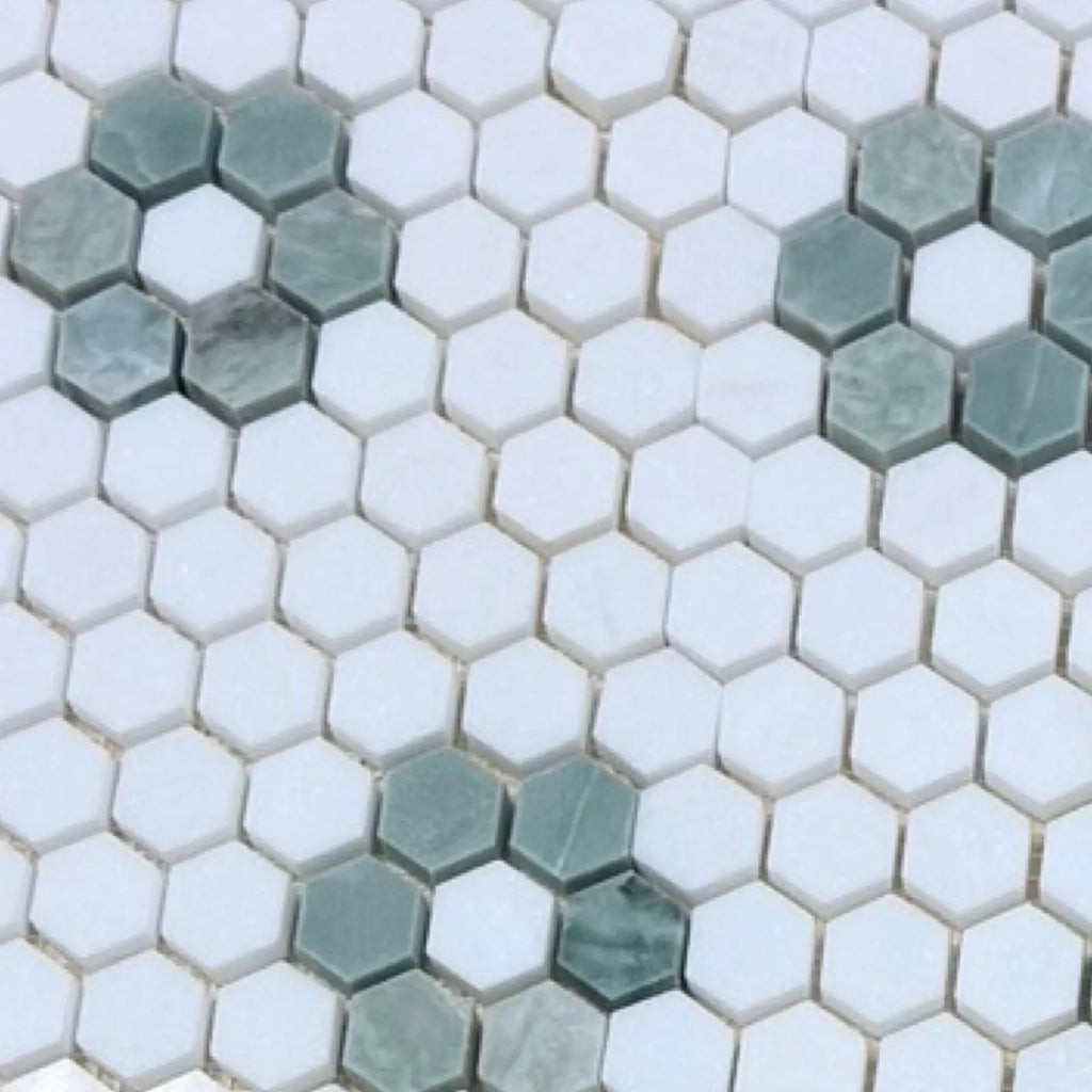 Thassos White and Ming Green 1-inch Hexagon Ceramic Mosaic Tile Floor