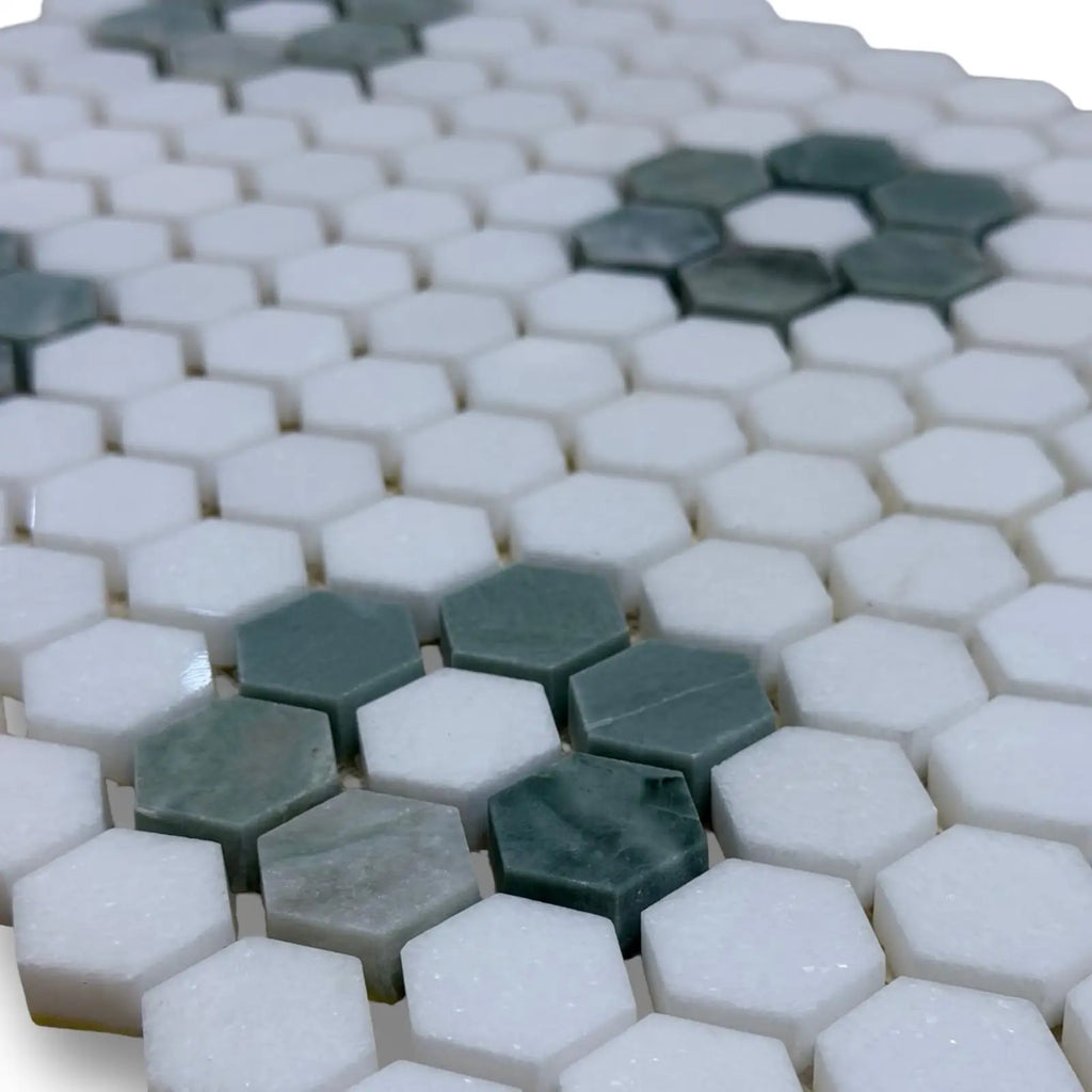 Thassos White and Ming Green 1-inch hexagon mosaic tile floor