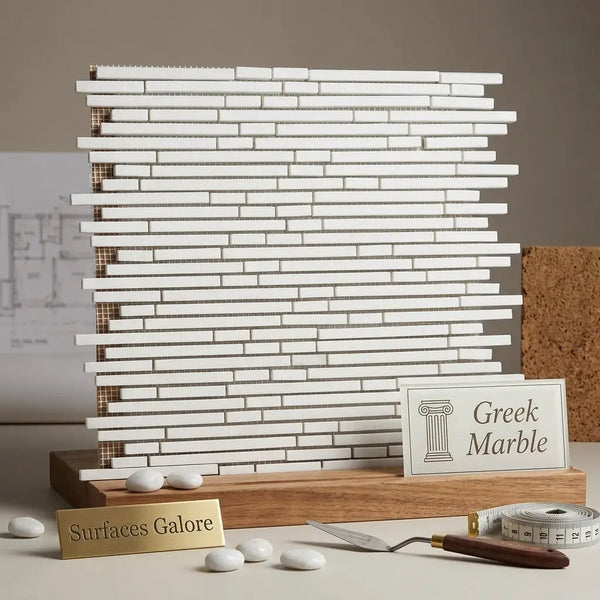 White rectangular greek marble mosaic tile panel with subtle gray veining thassos white bamboo sticks polished or honed
