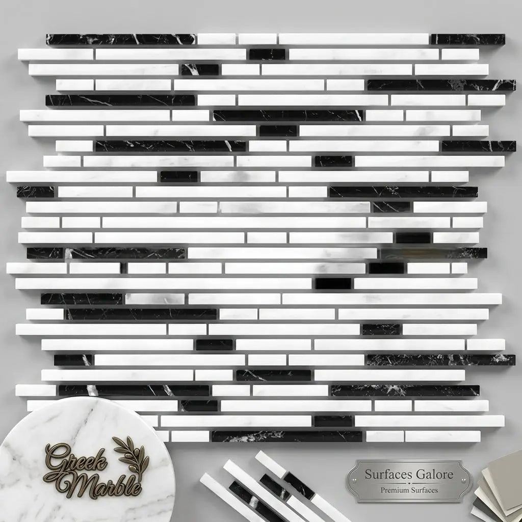 Black and white polished marble mosaic tile with modern linear design featuring thassos white bamboo sticks pattern