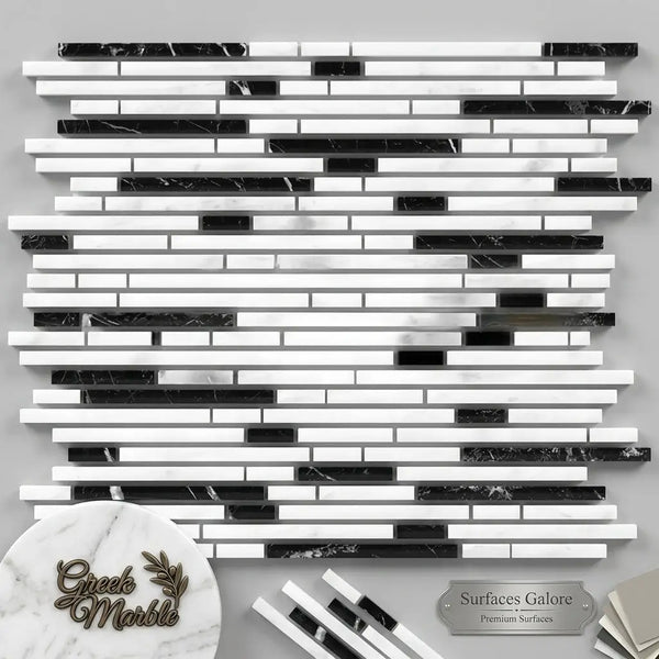 Black and white polished marble mosaic tile with modern linear design featuring thassos white bamboo sticks pattern