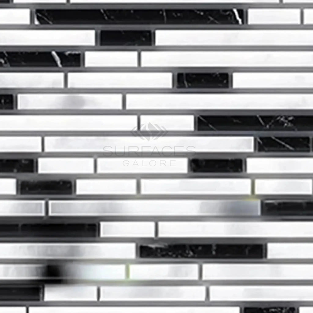 Black and white mosaic tile pattern in Thassos White Bamboo Sticks marble design