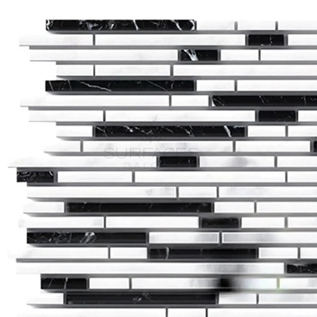 Black and white mosaic tile design in Thassos White Bamboo Sticks marble product