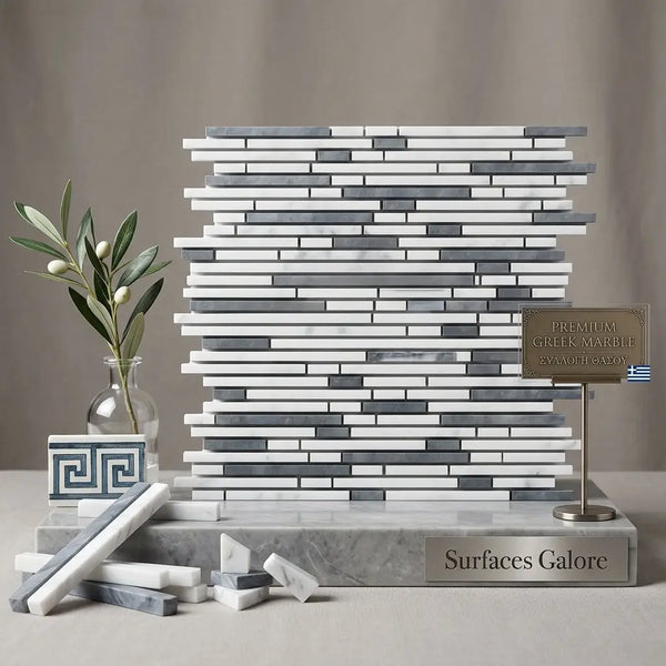 A sleek modern Thassos white bamboo sticks mosaic marble panel with alternating white and gray Greek marble strips