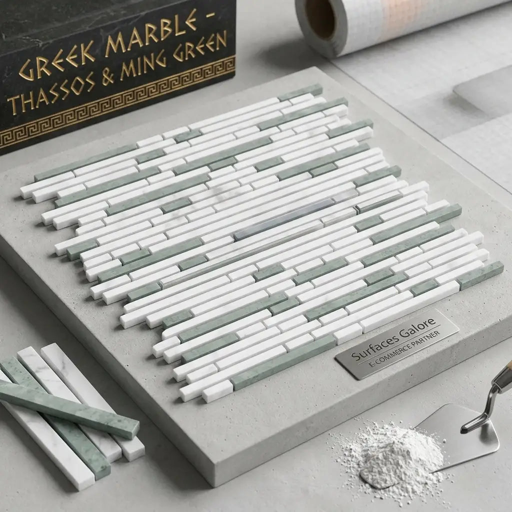 A sleek modern mosaic marble tile panel with polished white thassos and sage green ming green slabs in a staggered pattern