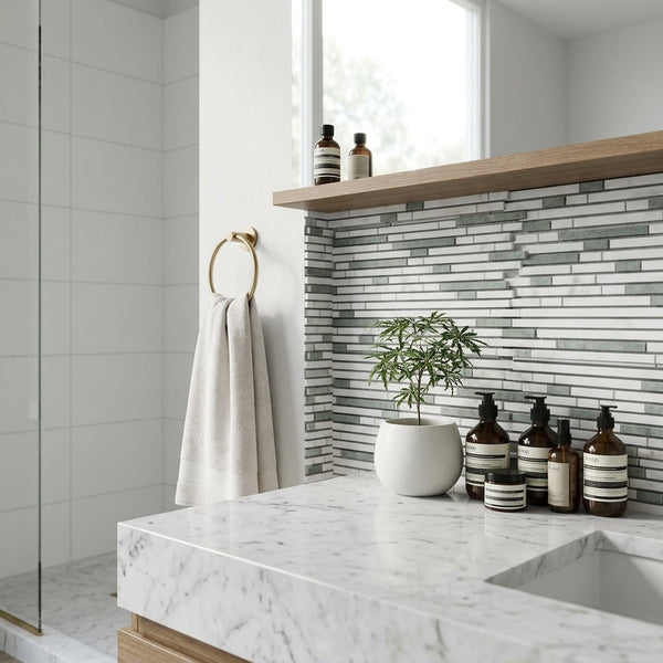 AI-generated shop-the-look image showing natural stone tile styled in a room setting