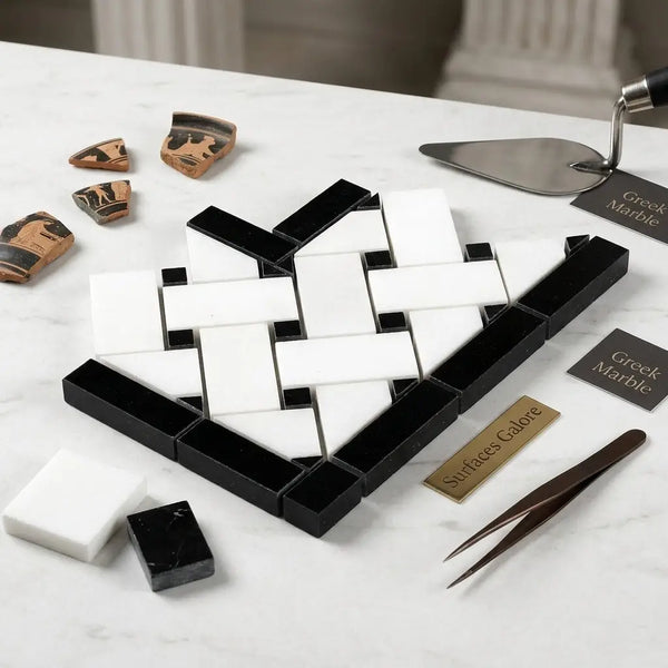 Black and white greek marble basketweave mosaic tiles thassos white corner polished or honed border