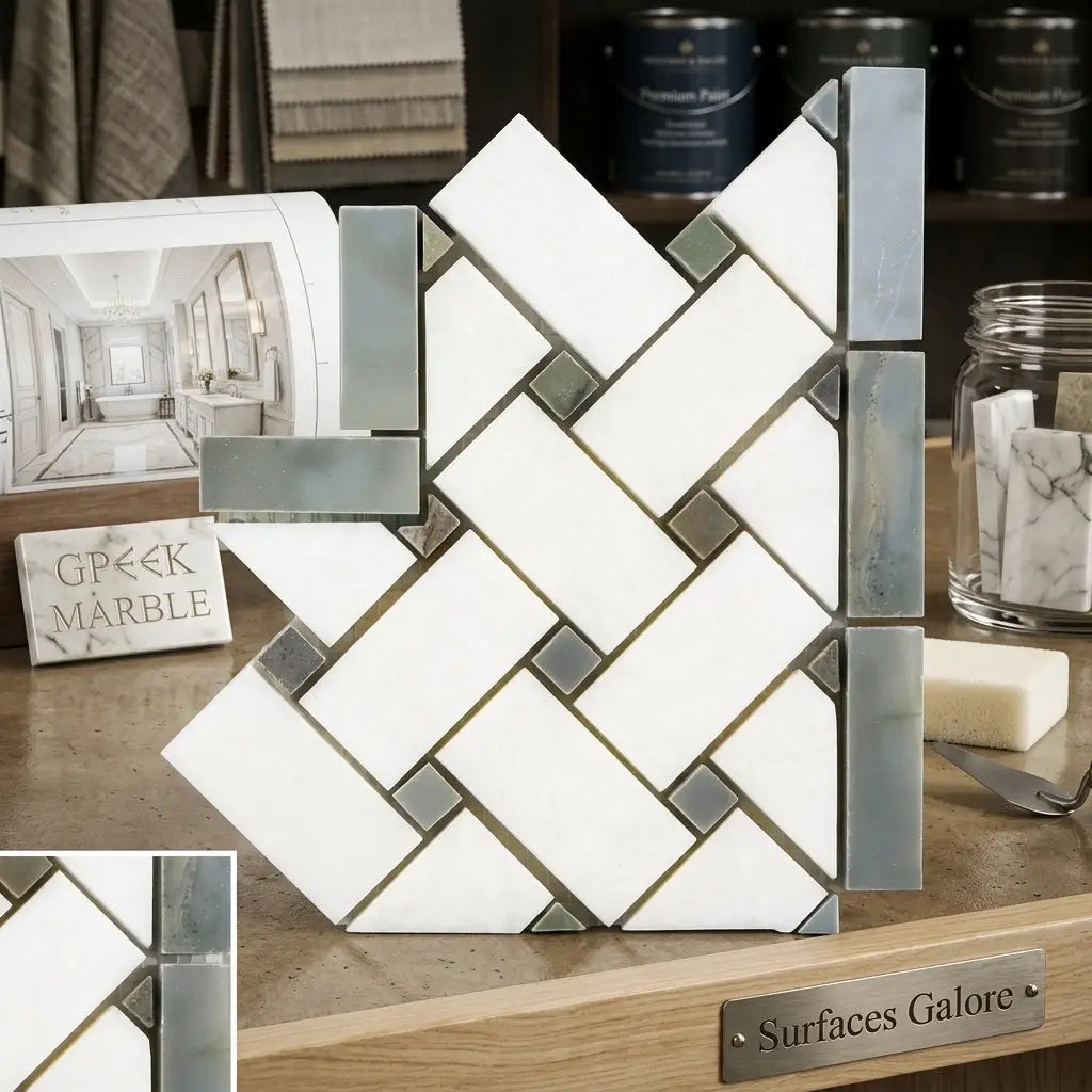 Thassos white basketweave border corner marble tile with white marble herringbone mosaic and metallic silver grout