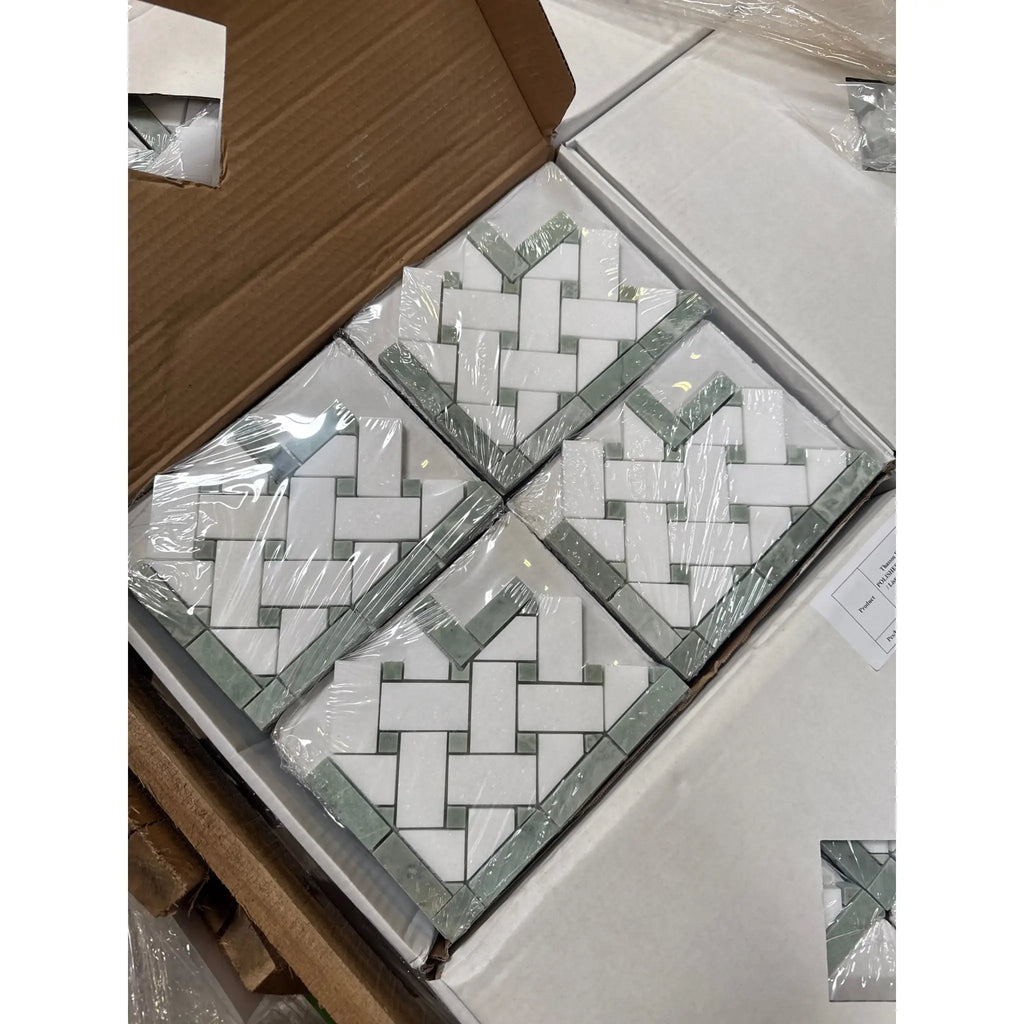 Boxes of decorative mosaic tiles with basketweave pattern for Thassos White Border Marble