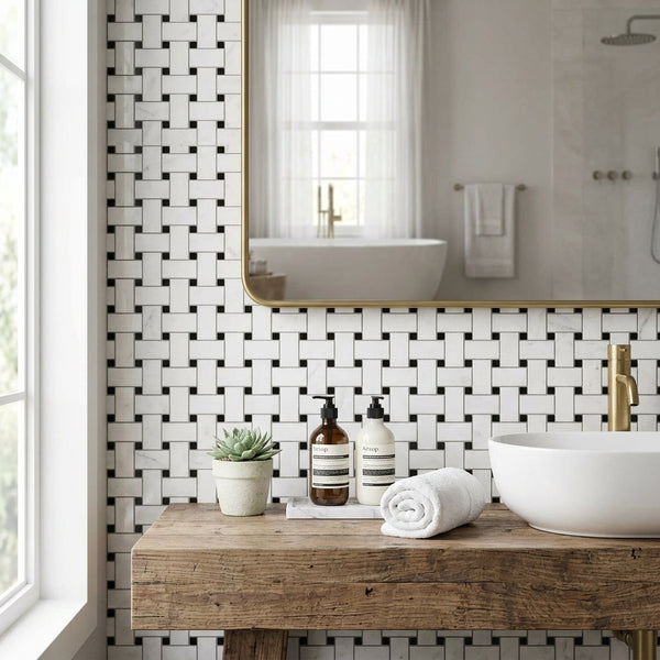AI-generated shop-the-look image showing natural stone tile styled in a room setting