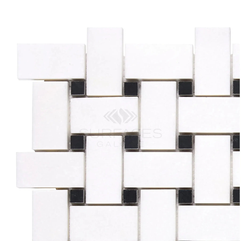 Interwoven white and black tile pattern in Thassos White Basketweave Mosaic