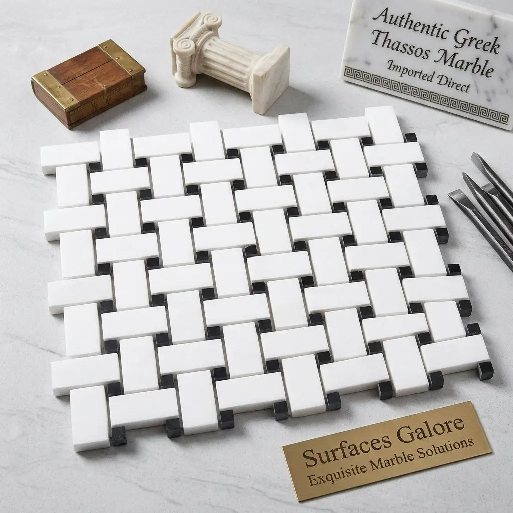 Thassos white basketweave mosaic with black polished or honed marble tile featuring white and black woven pattern