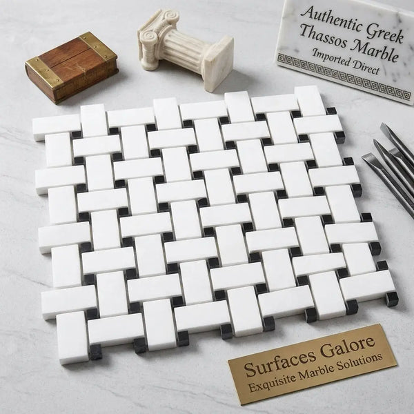 Thassos white basketweave mosaic with black polished or honed marble tile featuring white and black woven pattern