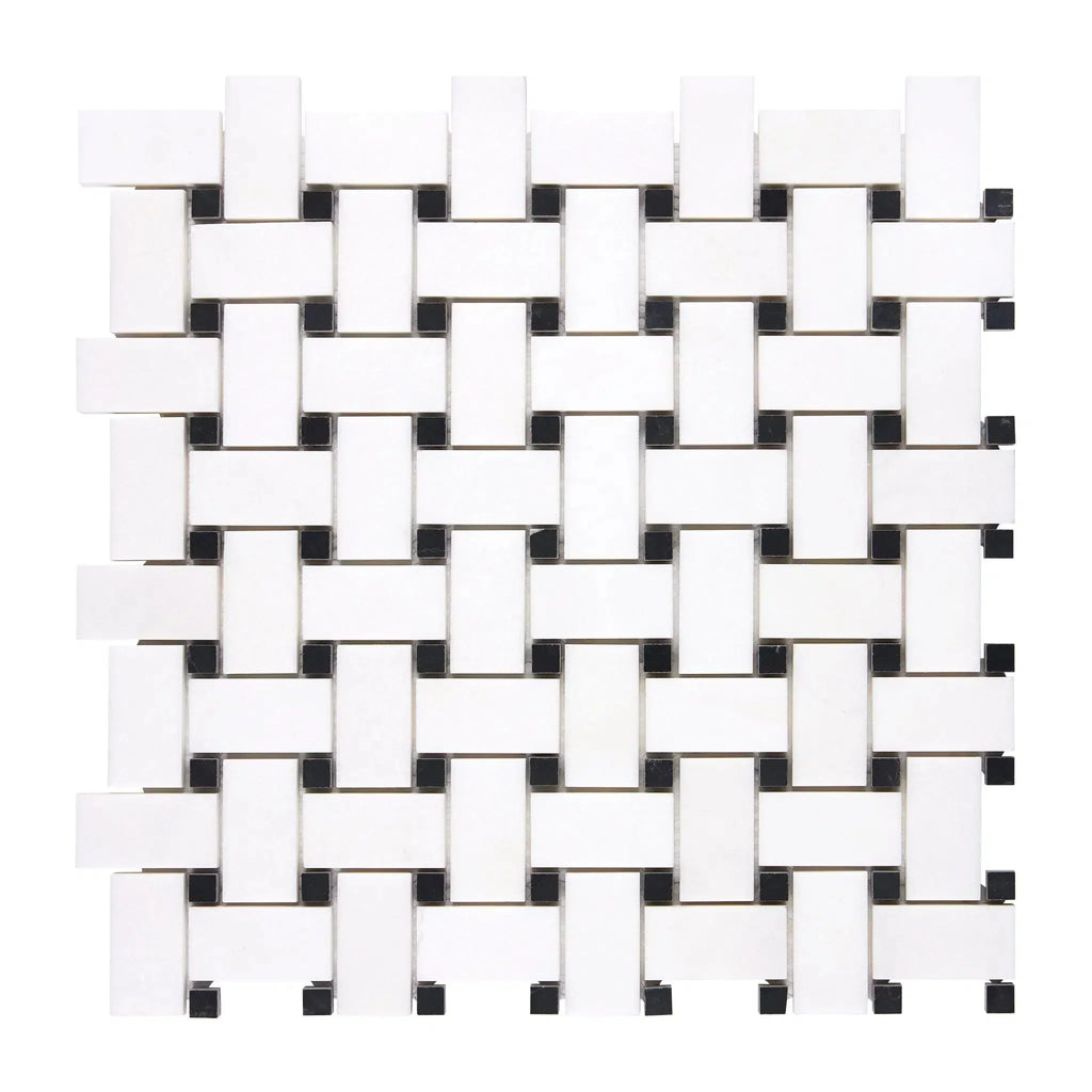 Woven white and black tile mosaic in Thassos White Basketweave Marble design
