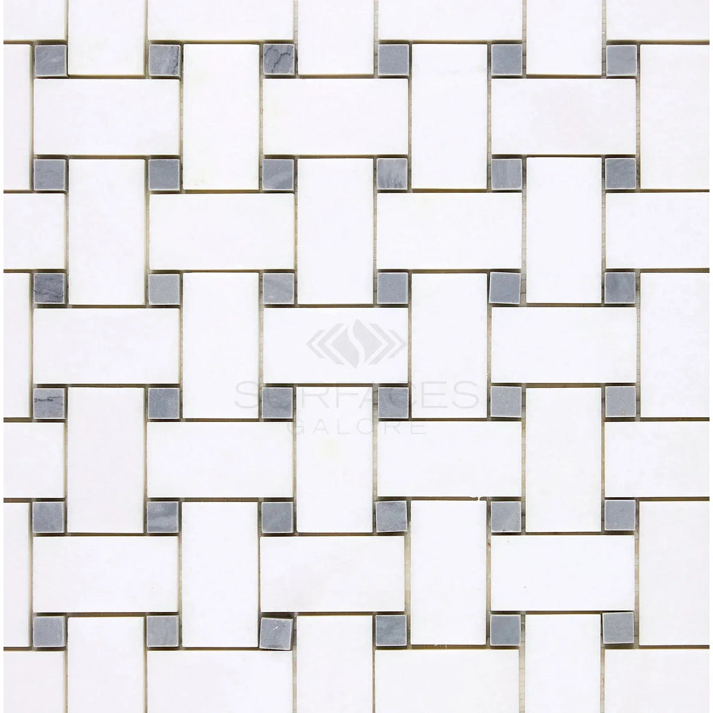 White and gray basketweave tile pattern of Thassos White Mosaic Marble