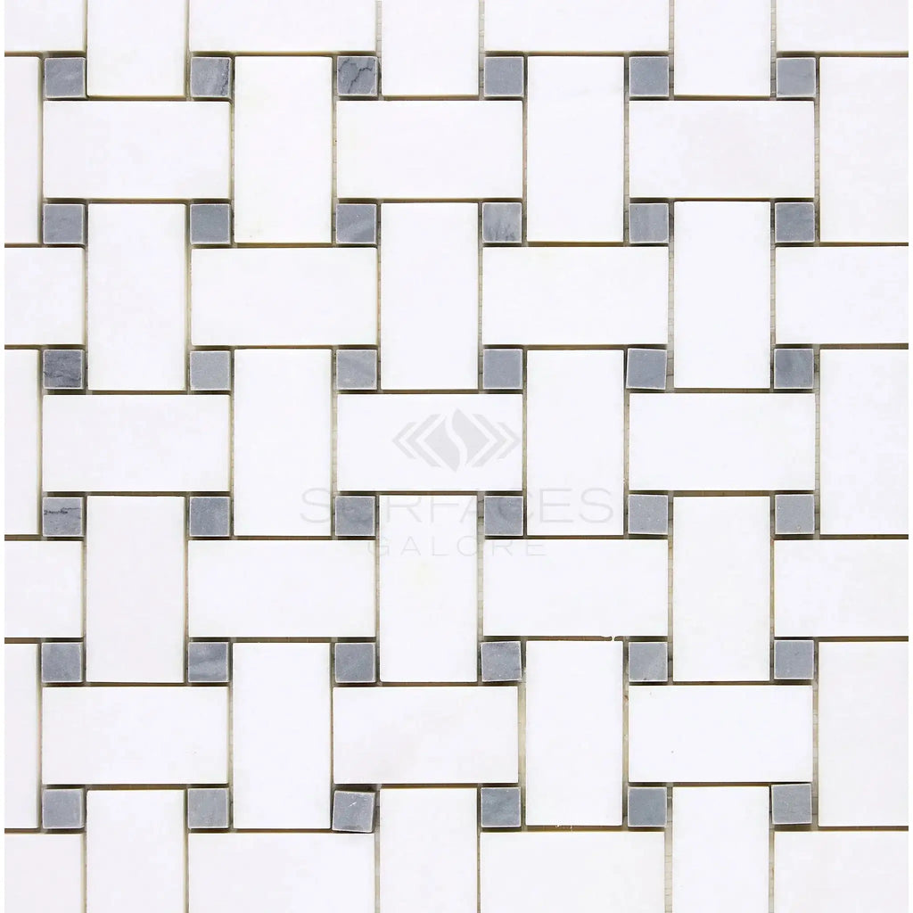 White and gray basketweave tile pattern of Thassos White Mosaic Marble