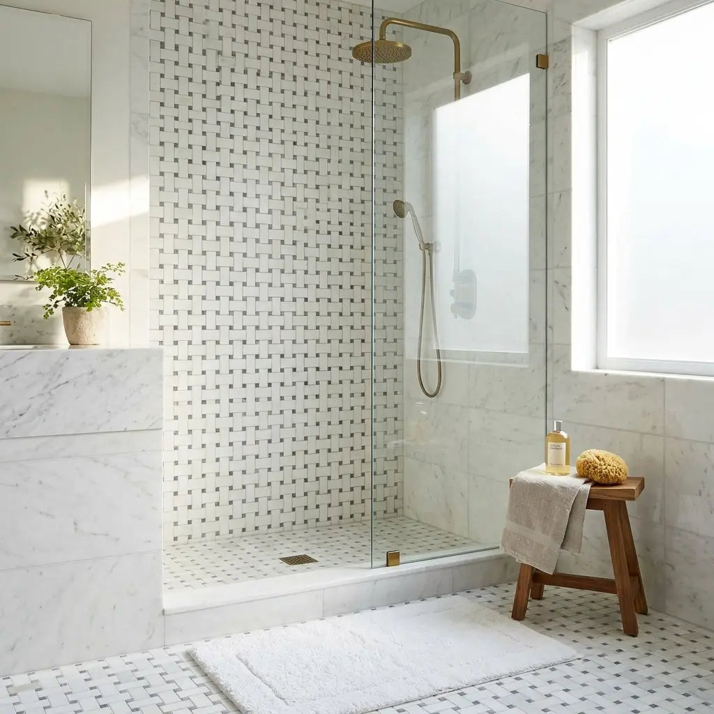 Gold-toned showerhead with sleek modern design mounted on brass-finished arm above thassos white basketweave mosaic