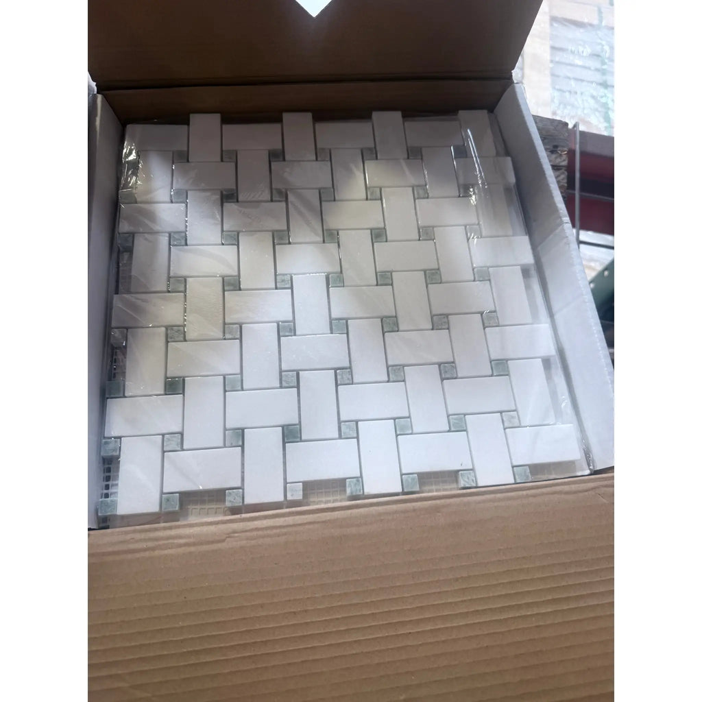 White and gray Basketweave Tile Mosaic in a box for Thassos White Mosaic Marble