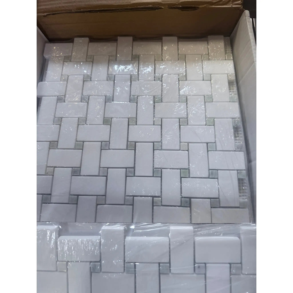 Thassos White Basketweave Mosaic marble tiles with gray accents for elegant wall or floor design