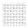 Woven white and gray tile mosaic in Thassos White Basketweave Marble design