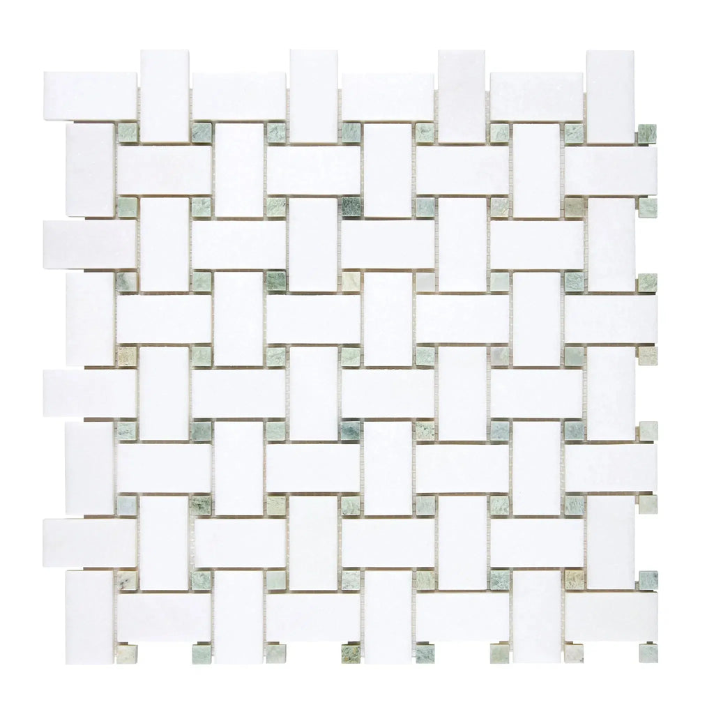 Woven white and gray tile mosaic in Thassos White Basketweave Marble design