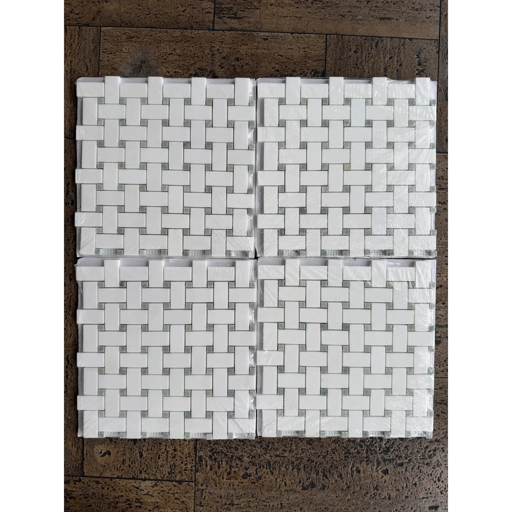 White woven plastic mat with grid pattern and textured surface for Thassos White Basketweave Mosaic