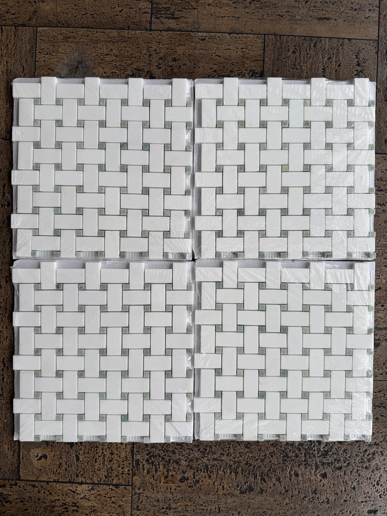 White woven plastic mat with grid pattern and textured surface for Thassos White Basketweave Mosaic