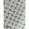 White and gray Thassos White Basketweave Mosaic marble wall panel with Ming Green accents