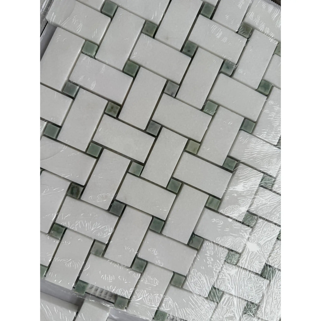 White and gray Thassos White Basketweave Mosaic marble wall panel with Ming Green accents