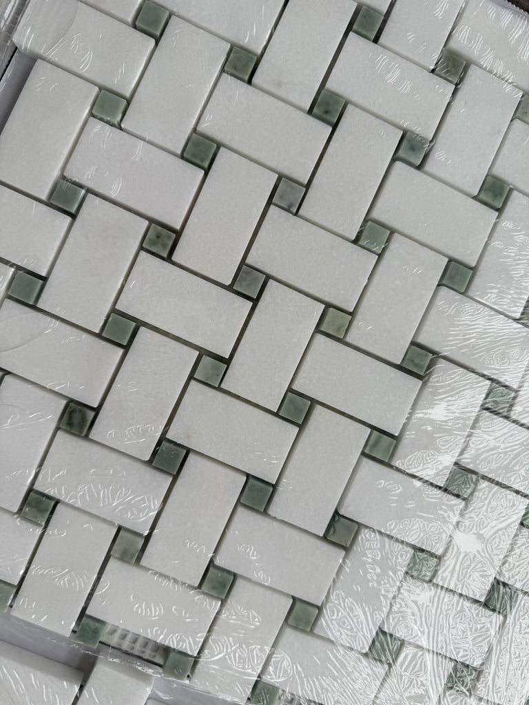 White and gray Thassos White Basketweave Mosaic marble wall panel with Ming Green accents