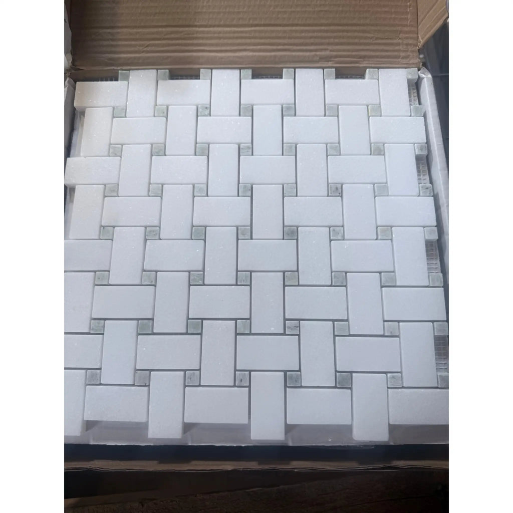 Thassos White Basketweave Mosaic tile with gray accents for elegant interior design