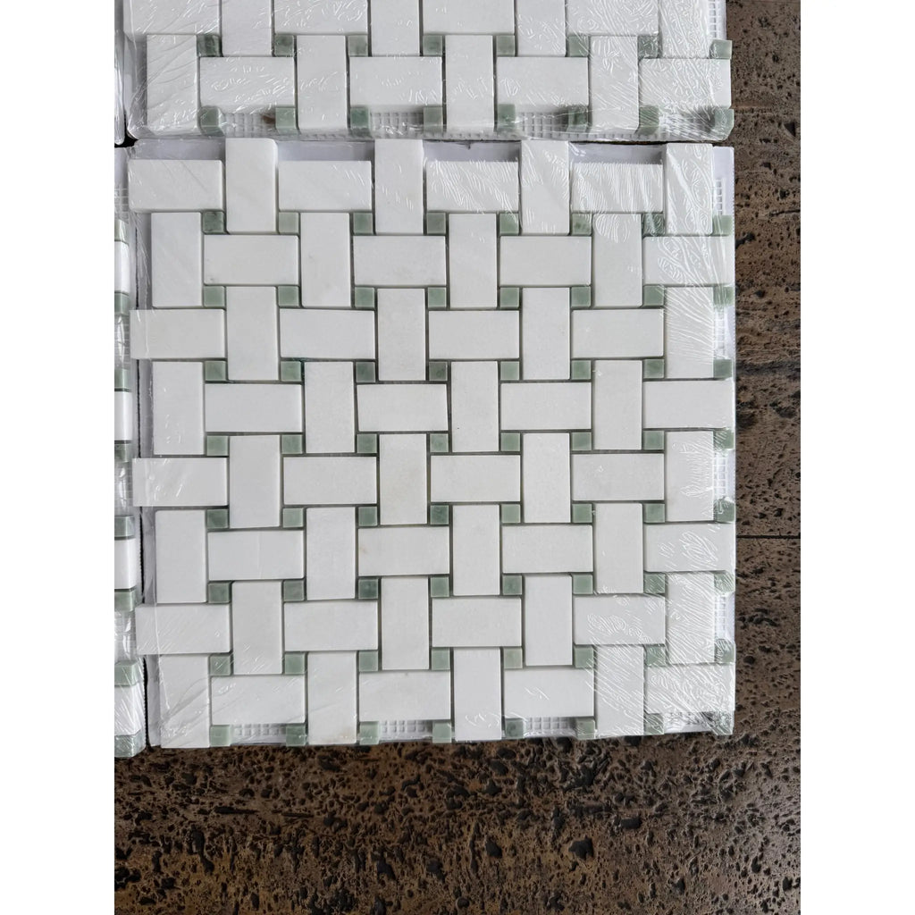 Thassos White Basketweave Mosaic with Ming Green accents in polished or honed finish