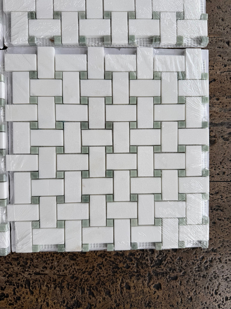 Thassos White Basketweave Mosaic with Ming Green accents in polished or honed finish