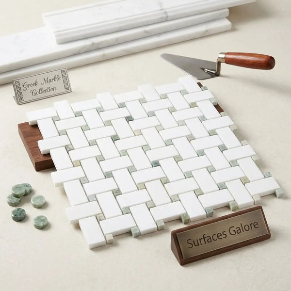 Thassos white basketweave mosaic marble tile with ming green in a polished or honed woven pattern design