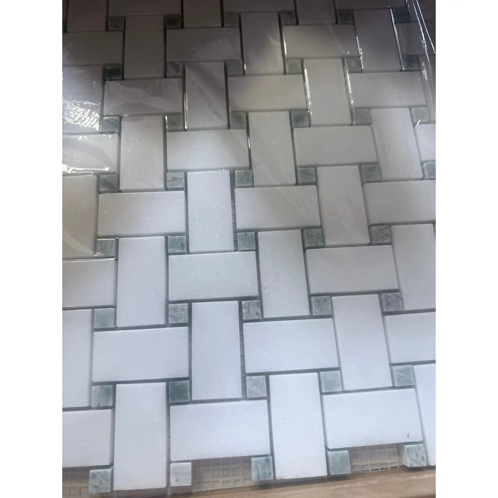 Thassos White Basketweave Mosaic with Ming Green accents, polished or honed marble tiles